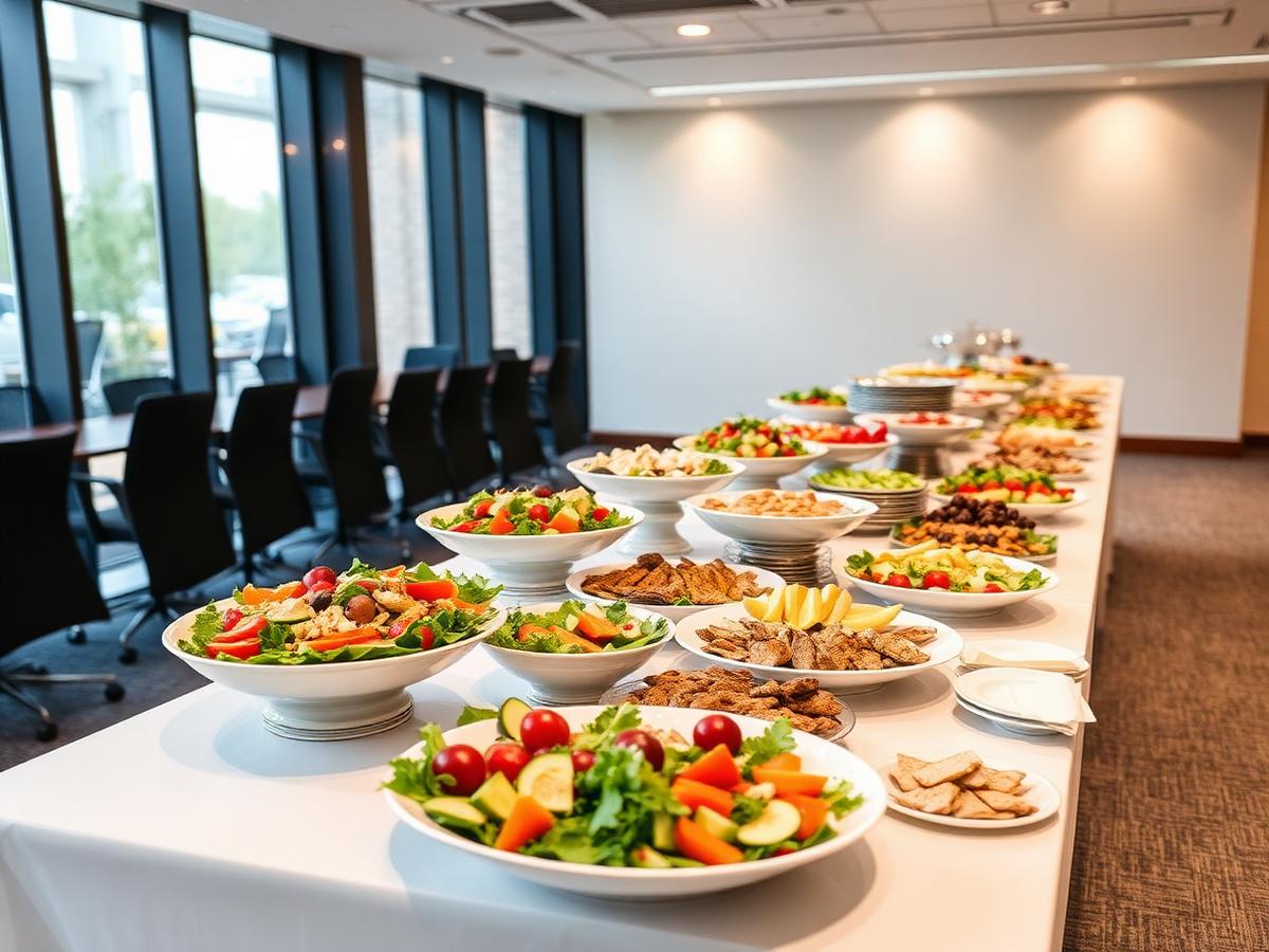 Corporate catering buffet of salads, sandwiches and fruit in a conference room