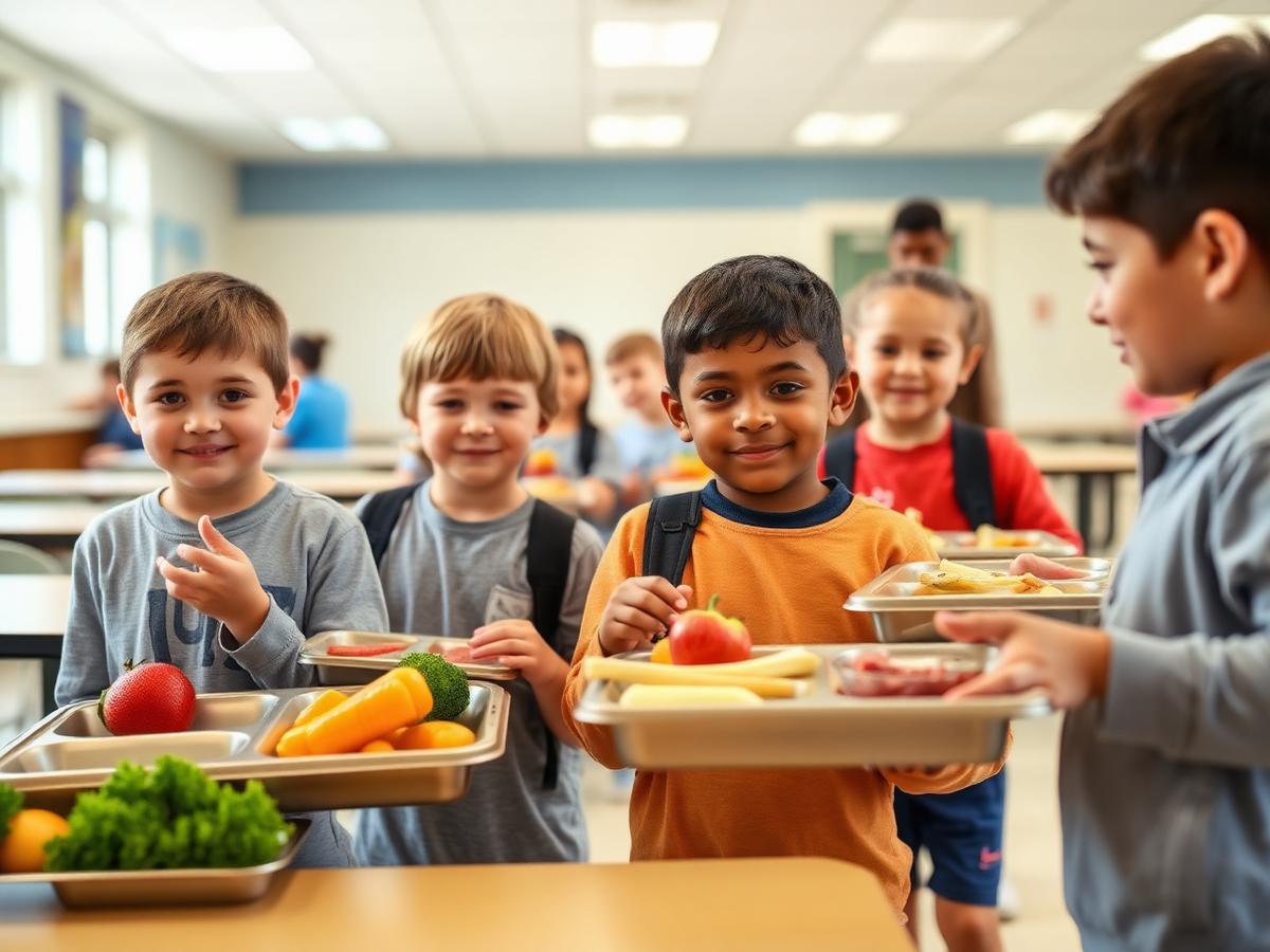 Students carrying lunch trays with fresh fruit and vegetables in a school cafeteria